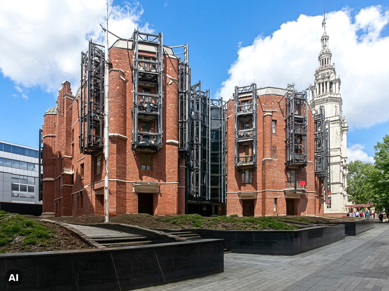 AI-generated architectural reference combining red-brick walls with exposed metal frameworks.