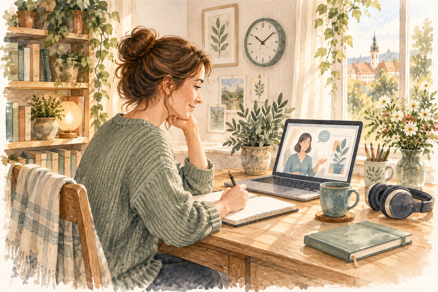 Watercolour illustration of an adult preparing for an online language lesson at home
