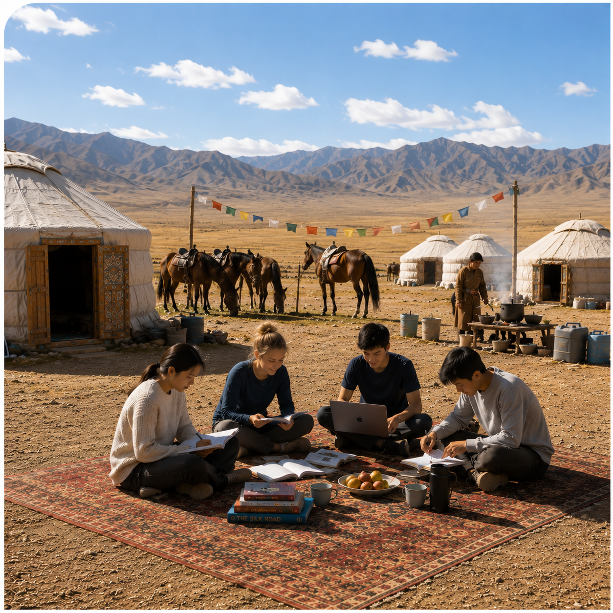 International students studying together at a travelling learning camp