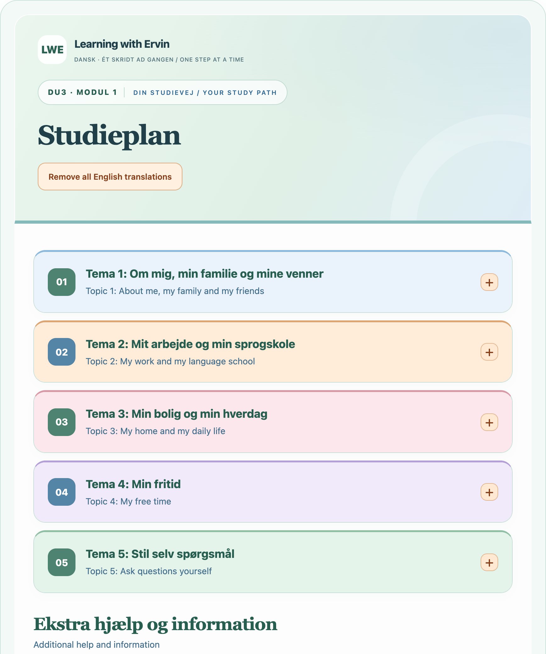 Studieplanen: Temaer, der følger modultesten, med direkte links til lektionerne.