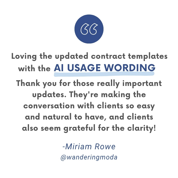 Testimonial about how Elizabeth Silver's surface pattern pro contract kit is a must have resource for surface designers who need contracts to share with their clients, and include AI usage clauses.