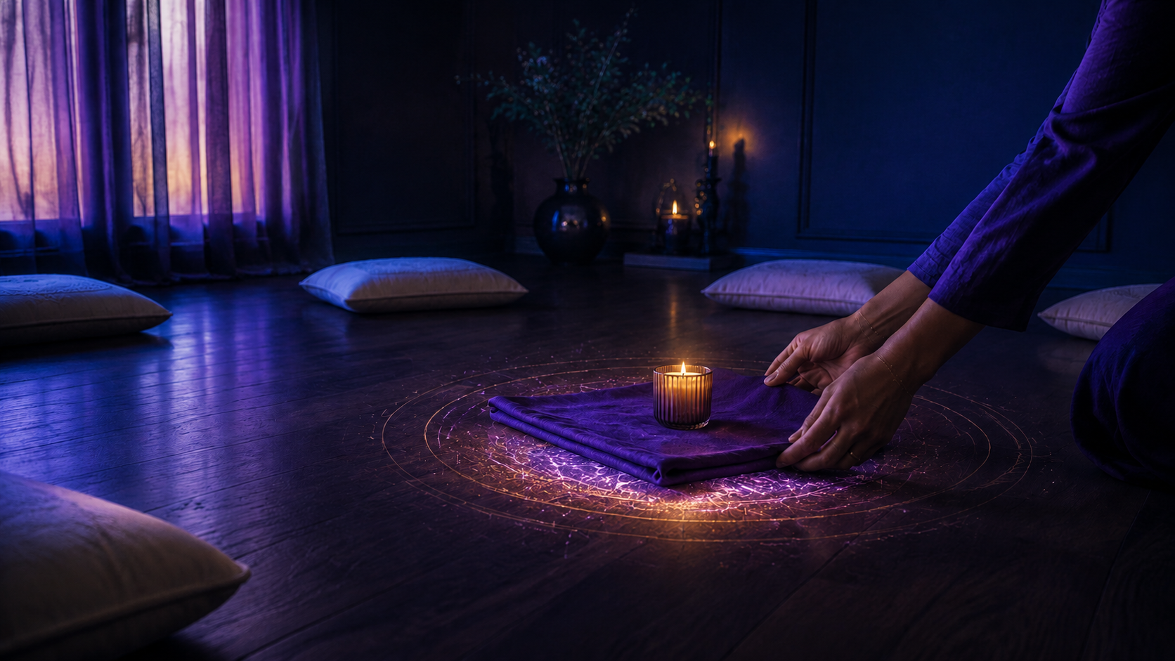 Candlelit cushioned corner for quiet journaling, supporting integration after a session