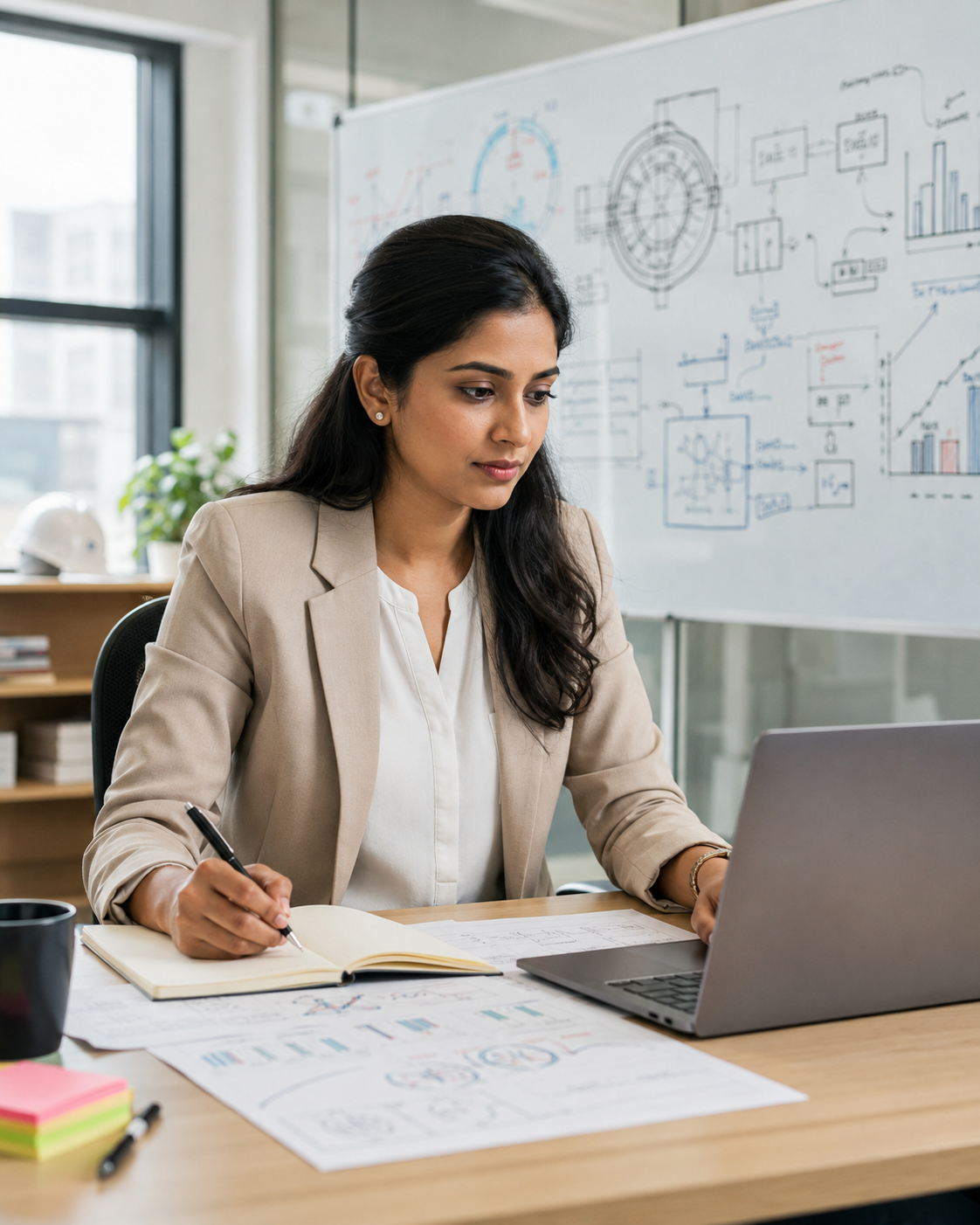 Indian female engineer preparing a technical presentation with laptop, notes, whiteboard diagrams, and communication planning materials.