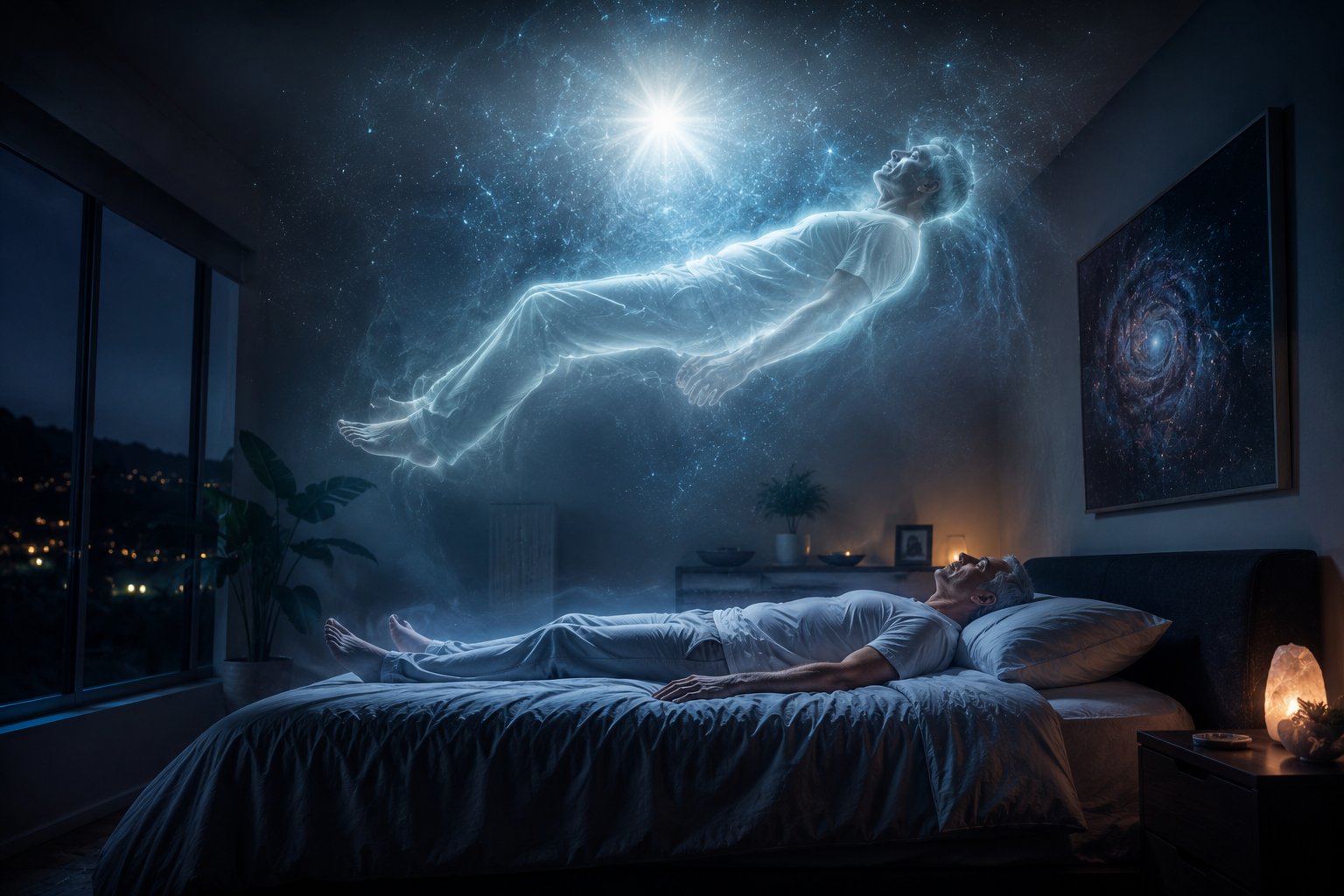 A luminous astral projection scene above a bed