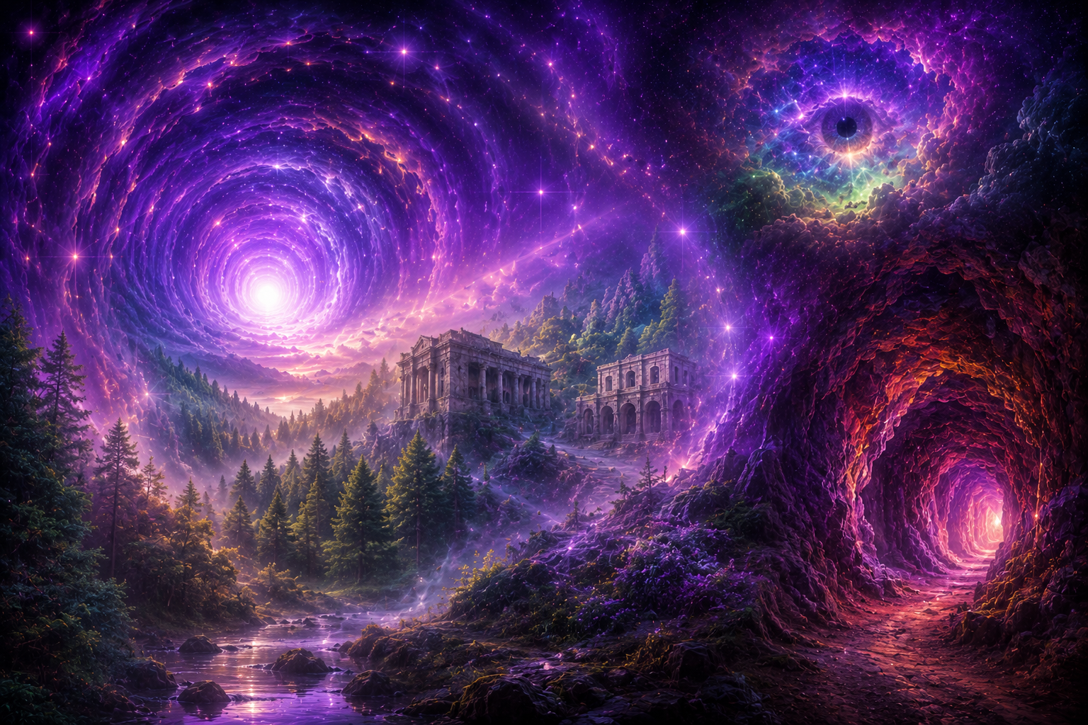 A violet tunnel of light leading into forests, ancient buildings and a glowing cave