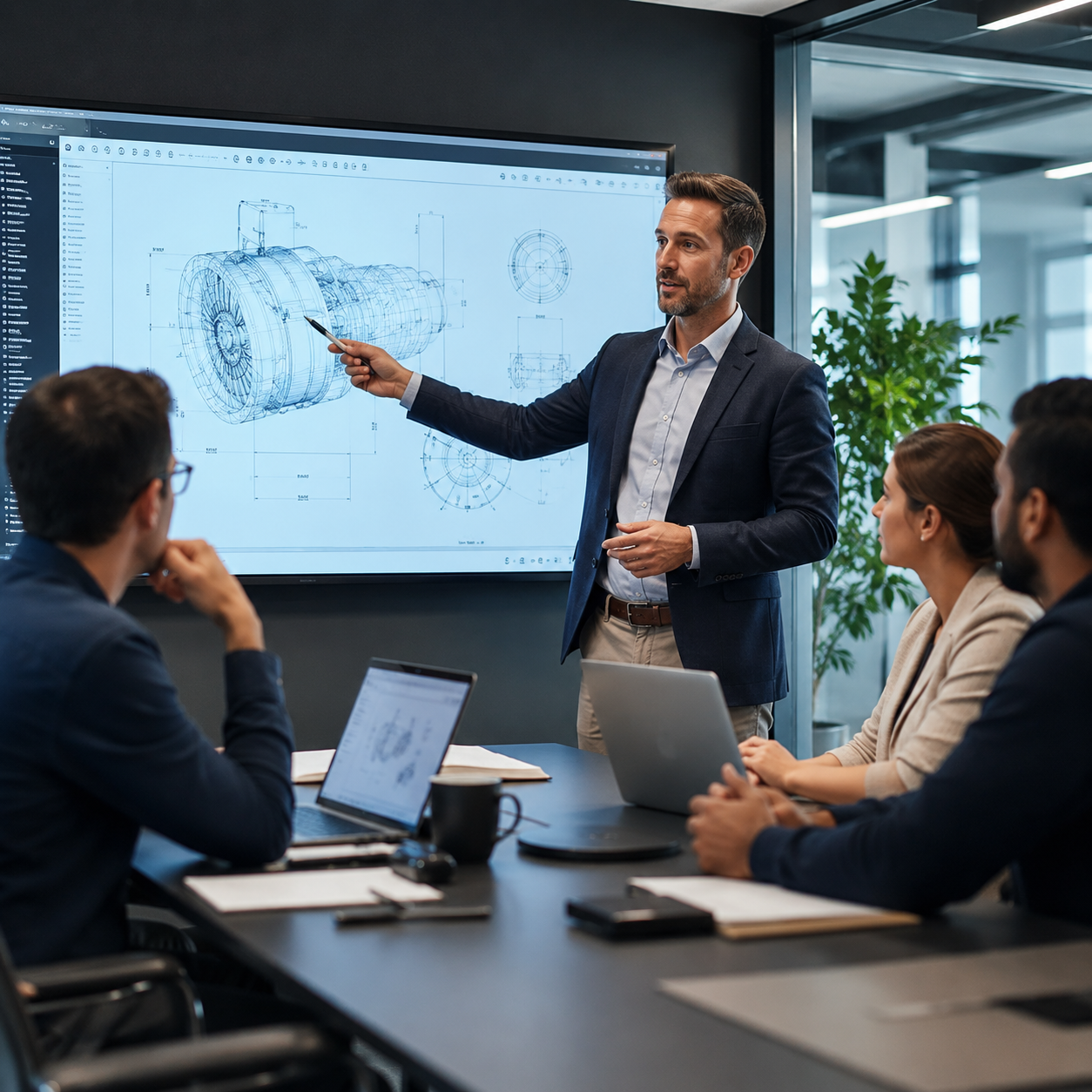 Professional engineer presenting technical communication training to a team using engineering diagrams, laptops, and presentation screens.