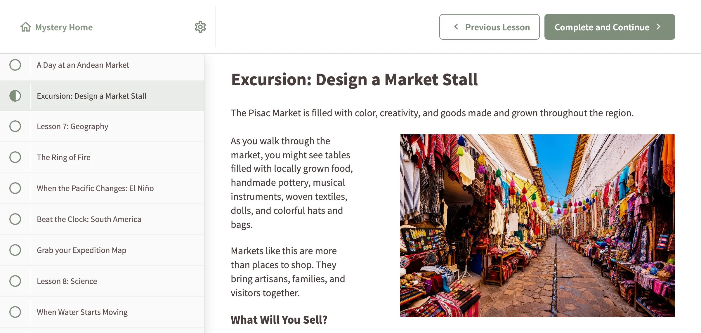 The Market Stall lesson page in The Mystery at Machu Picchu course