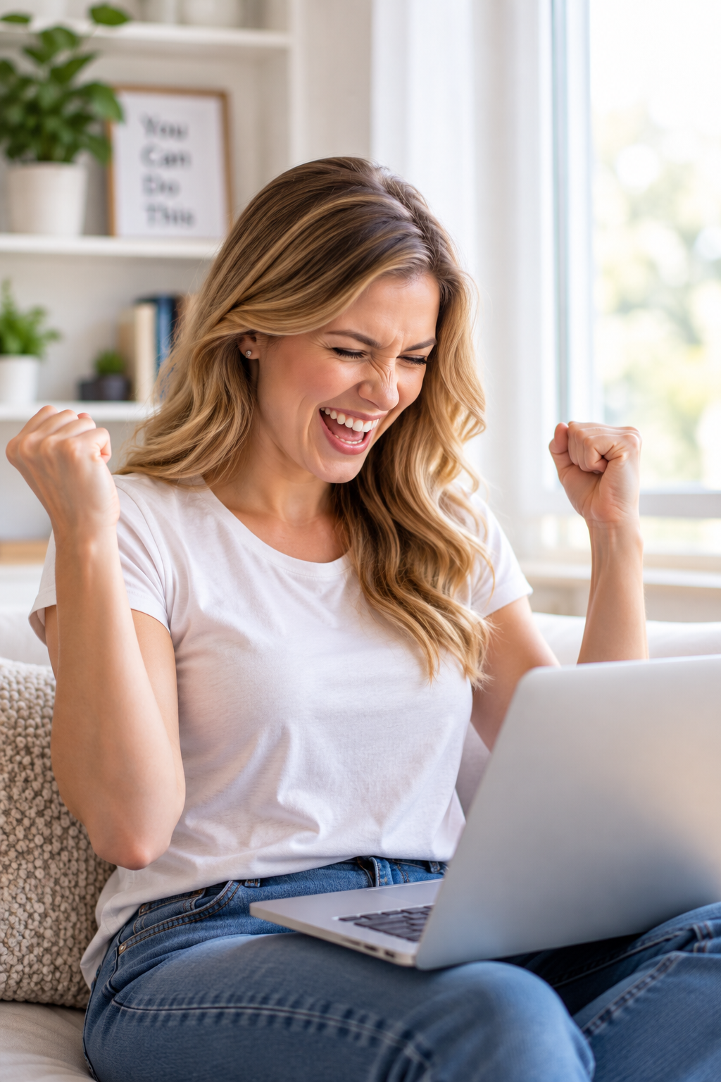 A woman seated with a laptop on her lap. She just made a good score on her test and she is very excited.