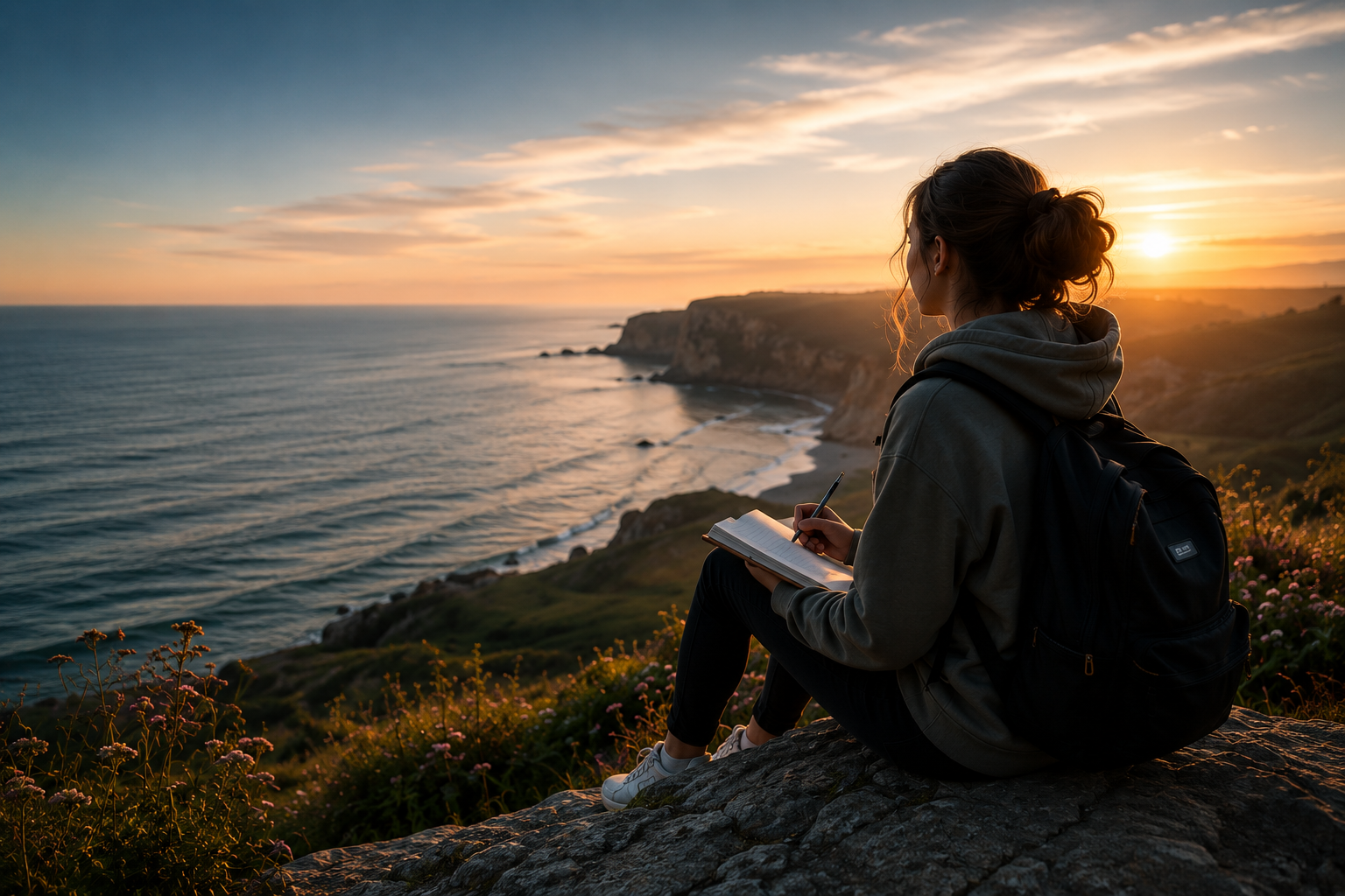 Student studying on a cliff overlooking the sea