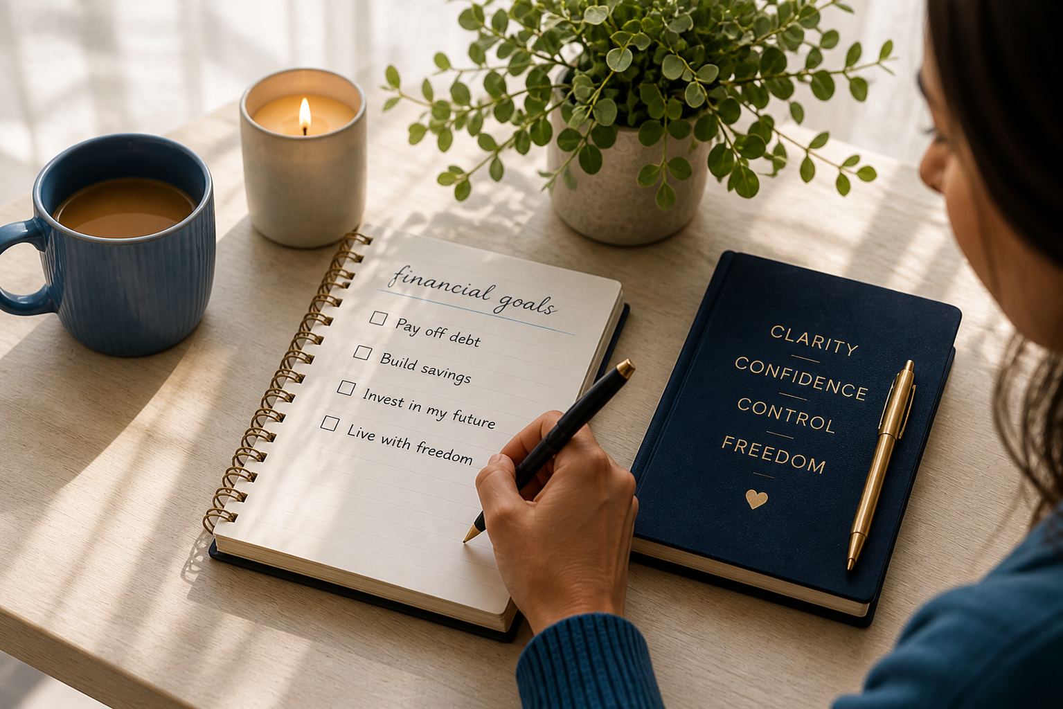 Calm money planning desk setup