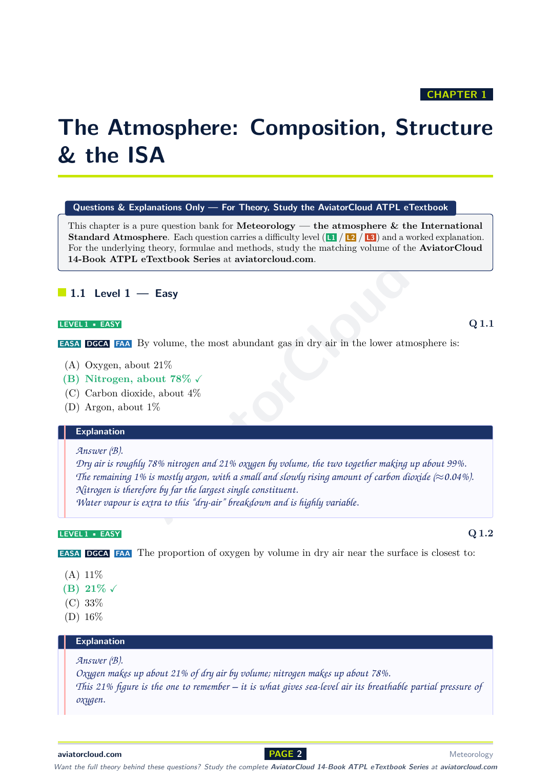 Sample worked MCQ page from the DGCA Meteorology 050 question bank – correct answer in green with hand-written explanation