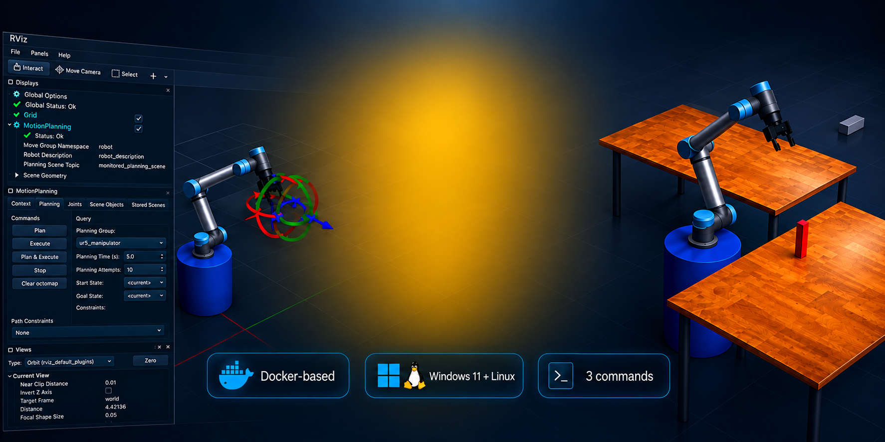 Industrial ROS2 manipulation workcell running in Gazebo and RViz with MoveIt2 motion planning