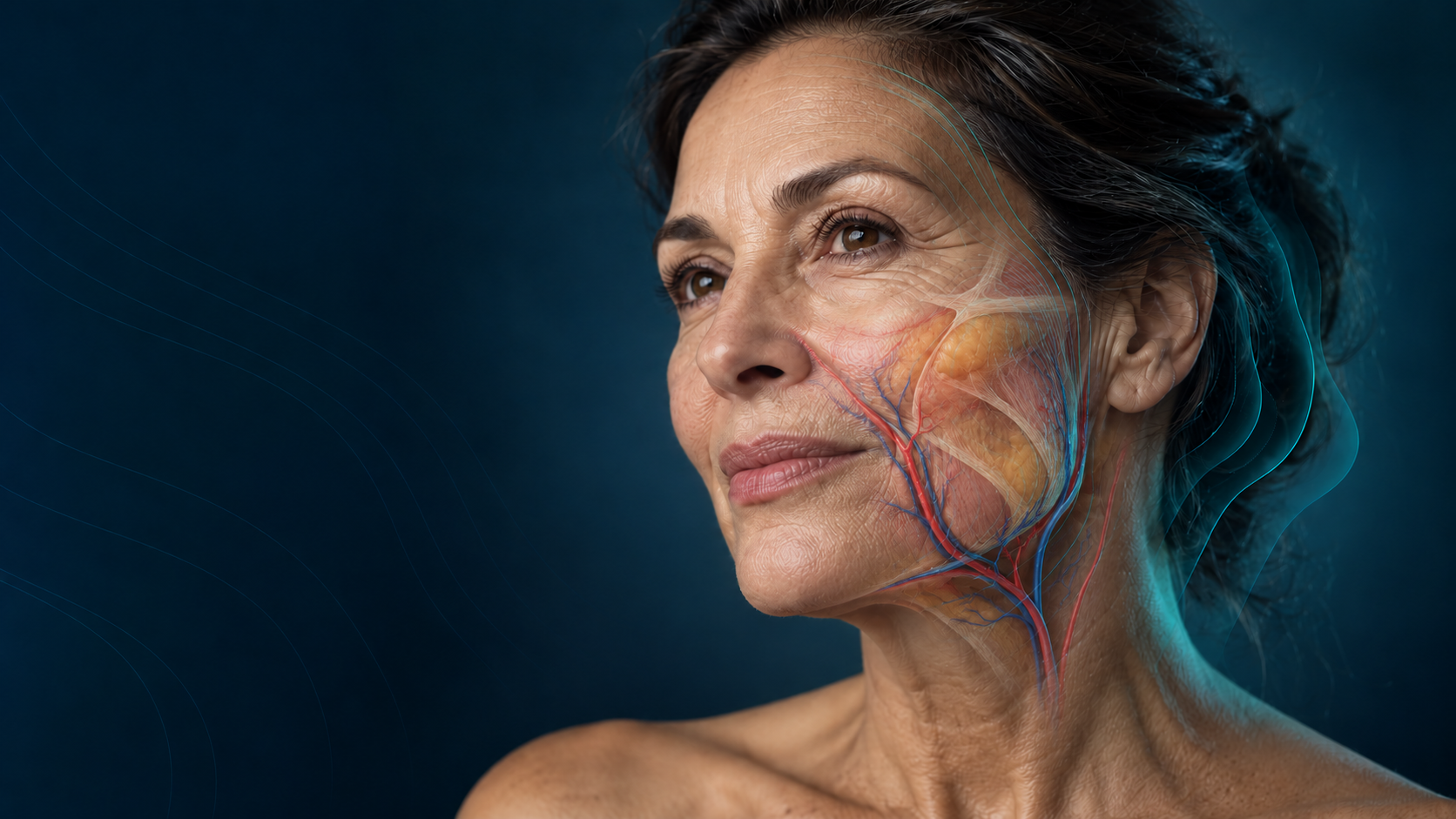 Illustrative facial vascular and tissue-layer overlay on a mature face