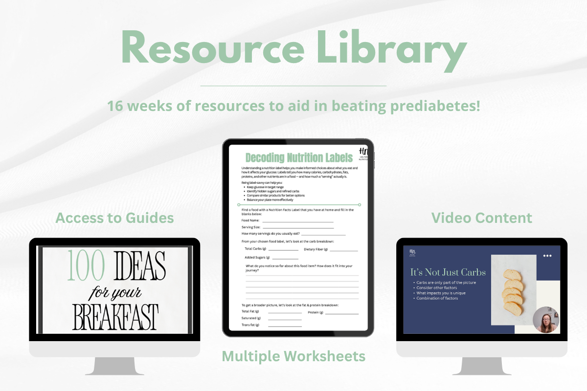 Resource Library. 16 weeks of resources to aid in beating prediabetes! Access to guides. Multiple Worksheets. Video Content.