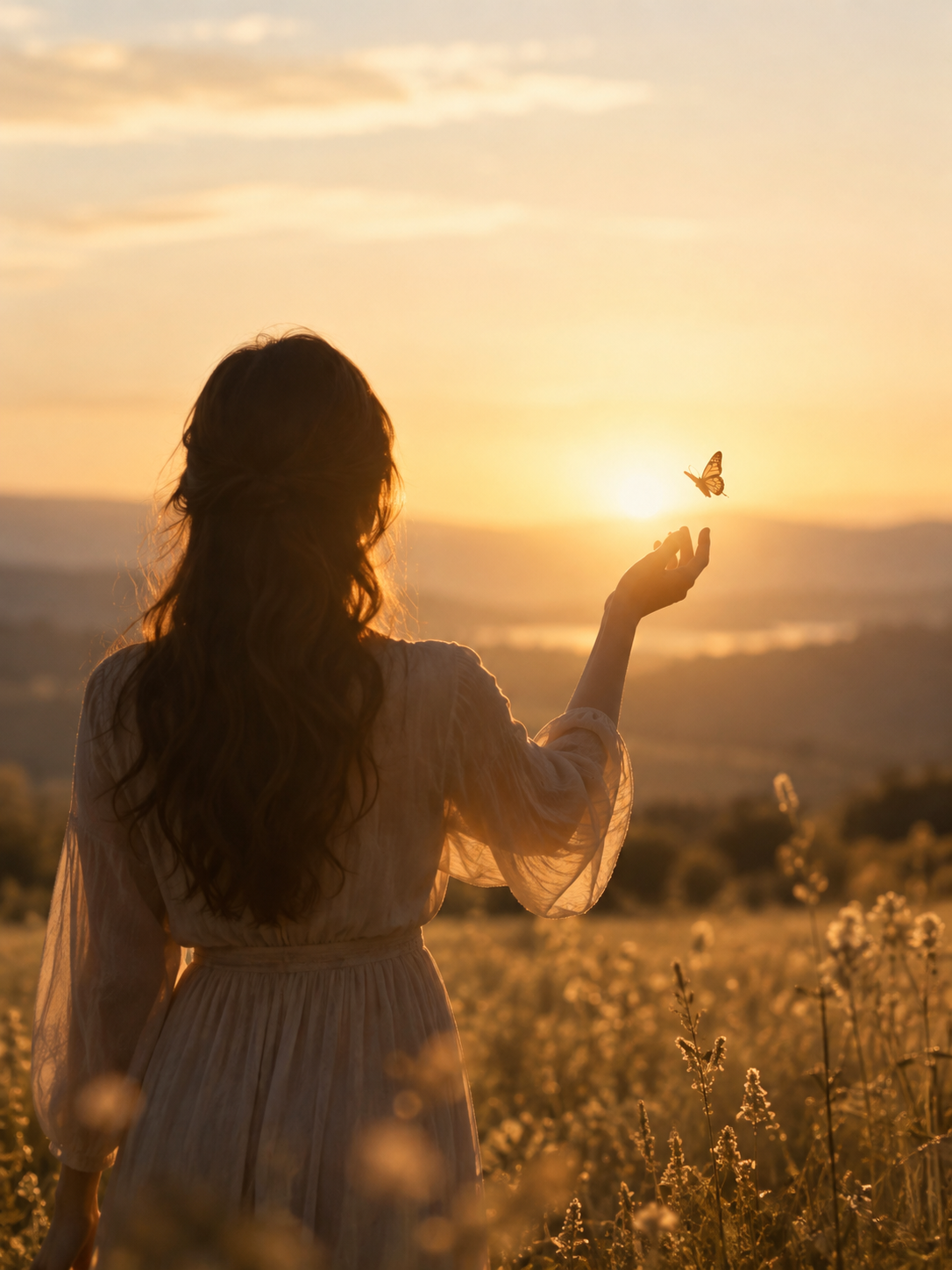 A woman in a golden field at sunset reaching toward a butterfly