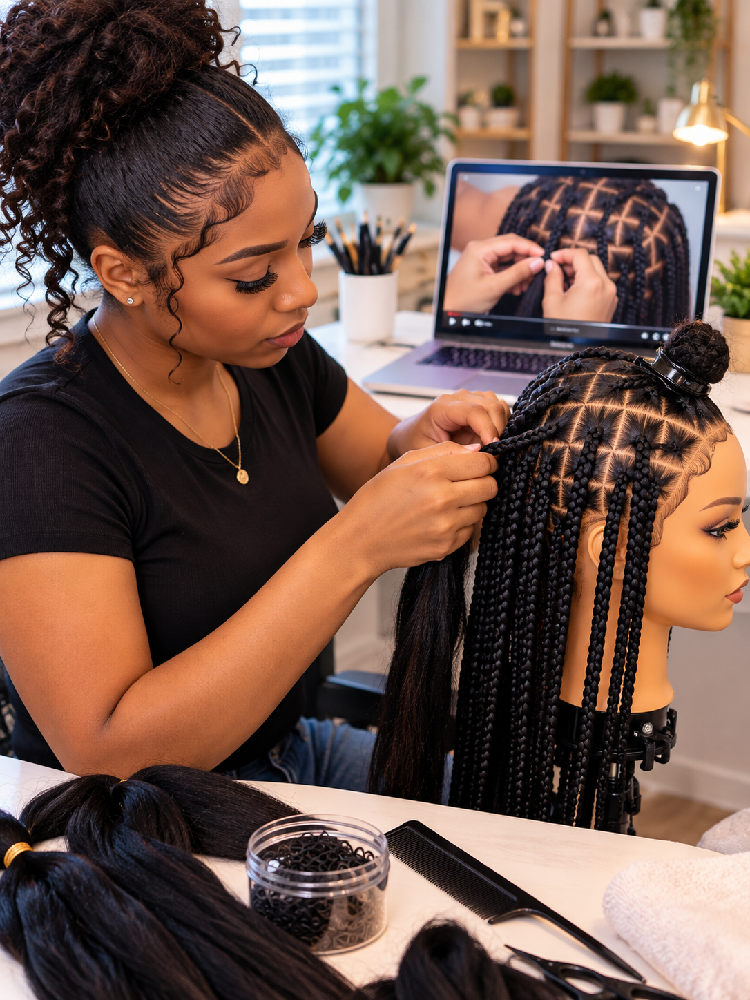 Young Black woman practicing box braids on a mannequin head at home while following a braiding lesson on her laptop, with braiding hair and styling tools on the table.