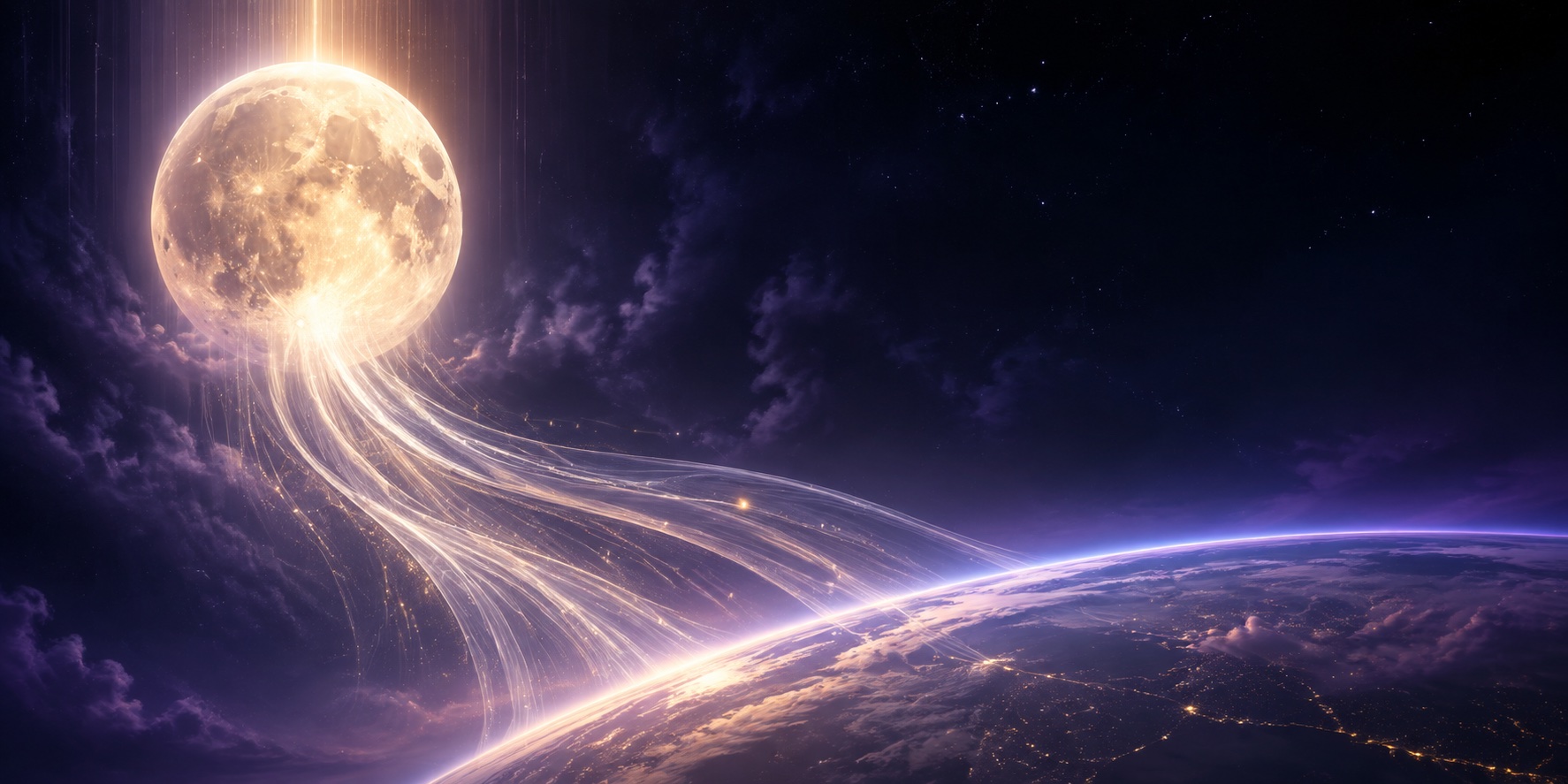 Energía dorada girando desde la luna