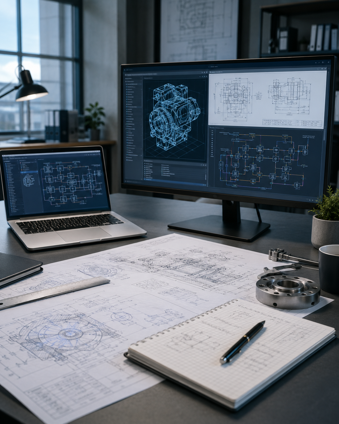 Modern engineering workspace with laptop, technical drawings, CAD model, project overview screen, and structured communication planning materials.