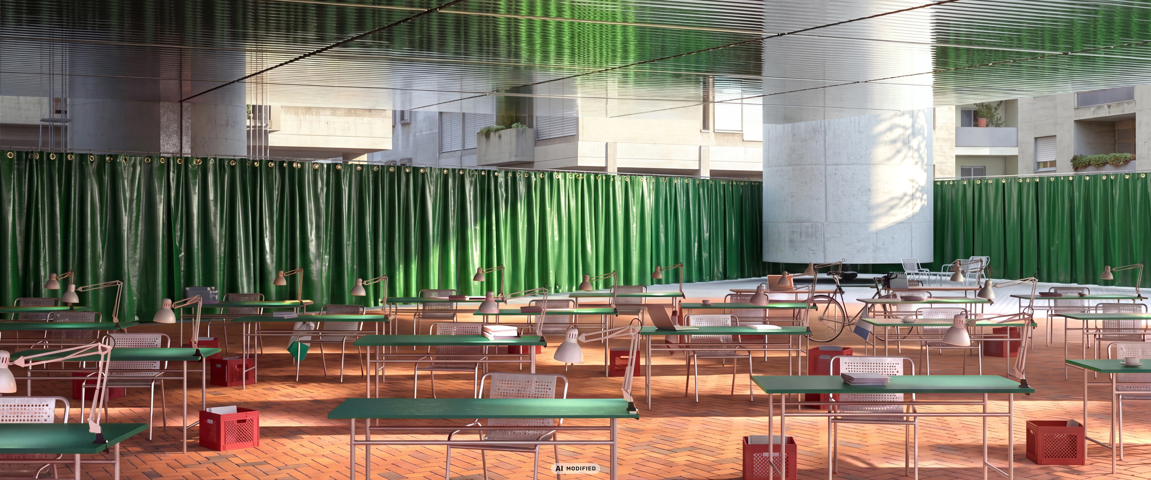 AI-refined architectural visualization of a library study hall with green tarp curtains, brick flooring and a reflective ceiling.