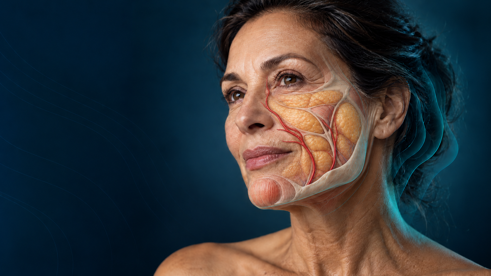 Illustrative mid-face fat compartments, jawline and facial artery overlay on a mature woman