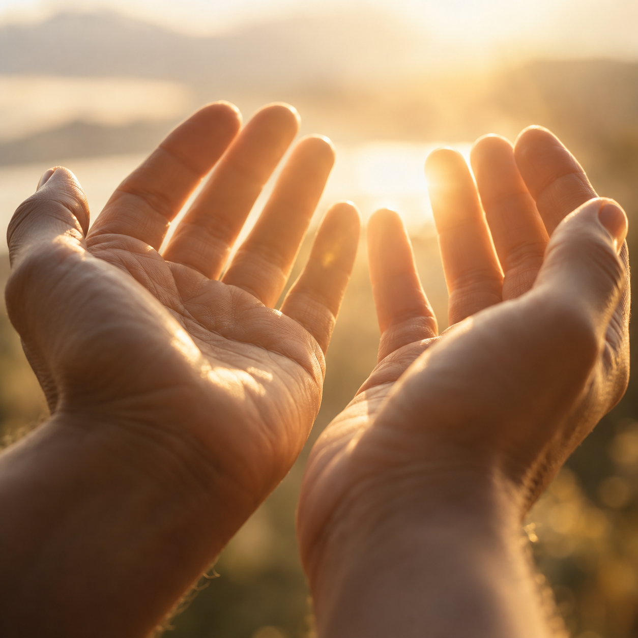 Two open hands catching warm sunlight