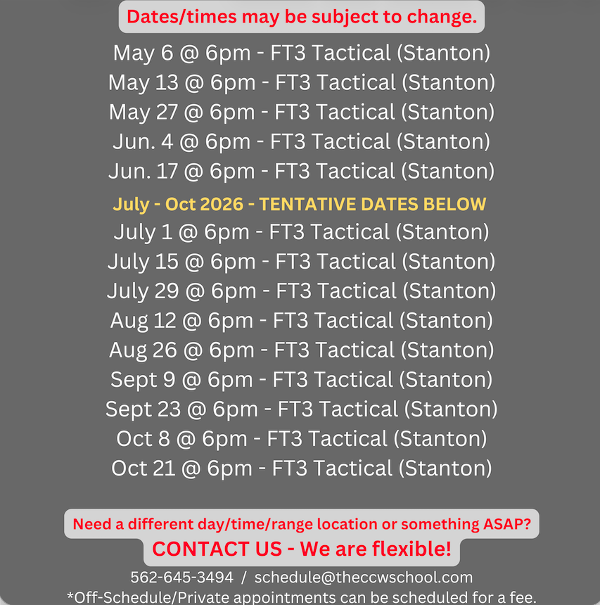 Dates for CCW Training Courses - Live-Fire Training and Qualification, CCW ASAP, CCW Fast, CCW Last Minute, CCW Deadline