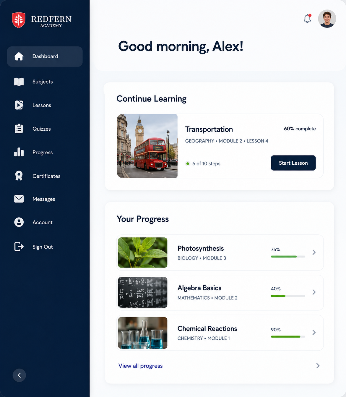 Redfern Academy student dashboard
