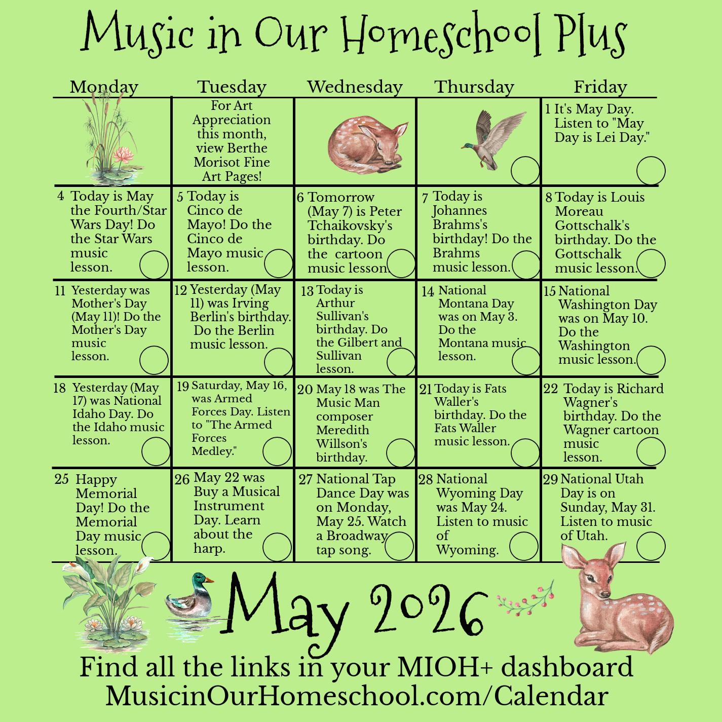 MIOH+ August 2024 Music Lesson Calendar