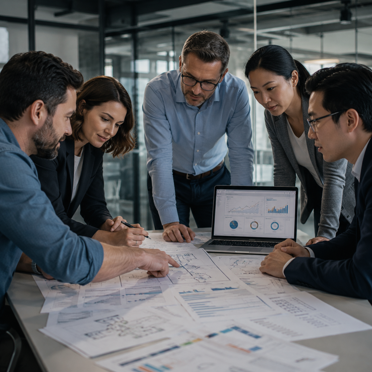 Engineering and business team collaborating around process charts, technical drawings, performance dashboards, and project execution plans.