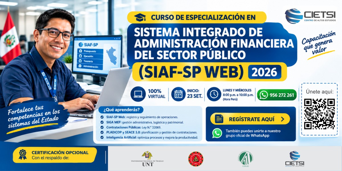 Imagen de producto para CURSO GRATUITO DE ESPECIALIZACIÓN EN SISTEMA INTEGRADO DE ADMINISTRACIÓN FINANCIERA DEL SECTOR PÚBLICO (SIAF-SP WEB) 2026