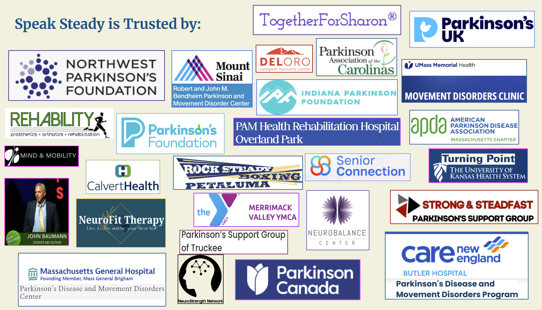 speak steady trusted partners, organizations, parkinsons foundation, support groups, physician practices, movement disorders specialists, neurologists