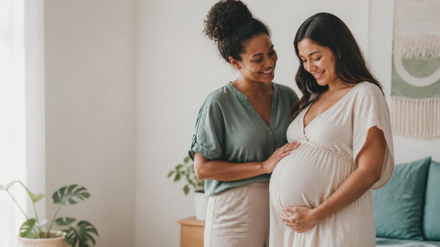 A doula with her hand on a pregnant mother’s bump, both smiling