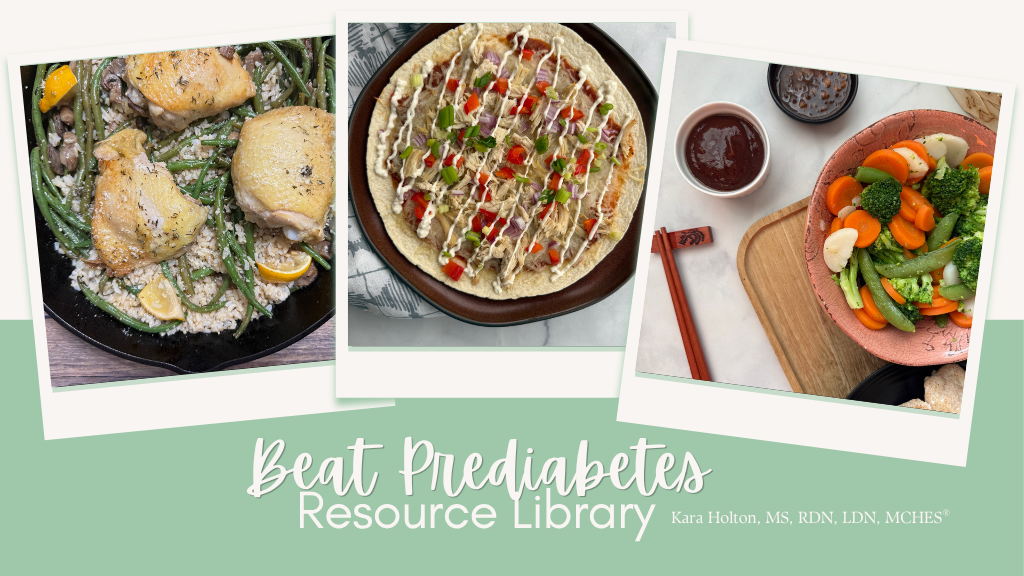 Beat Prediabetes Resource Library - Kara Holton, MS, RDN, LDN, MCHES - plate with pita and chicken, assorted fresh veggies on white plate, carrots sliced in green bowl, and clear glass bowl with lettuce and feta on wood counter 