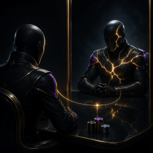 Two poker rivals facing each other, representing competition as a tool for continuous growth
