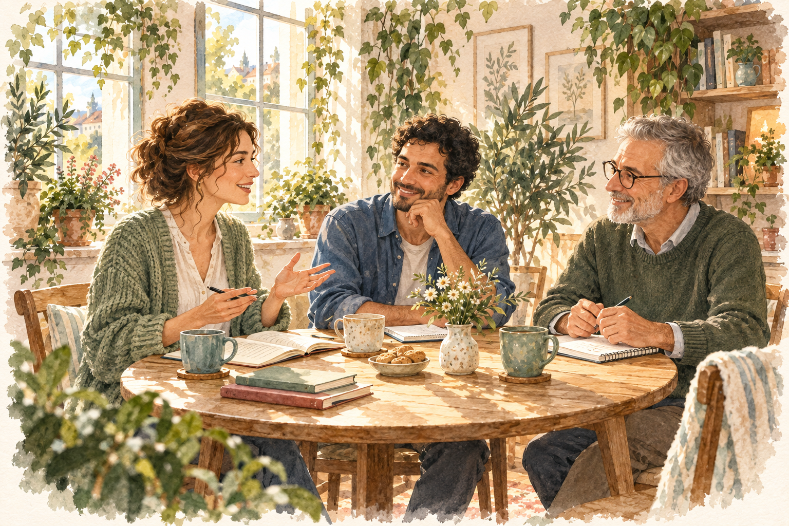 Watercolour illustration of three adults learning together not portraits of the reviewers