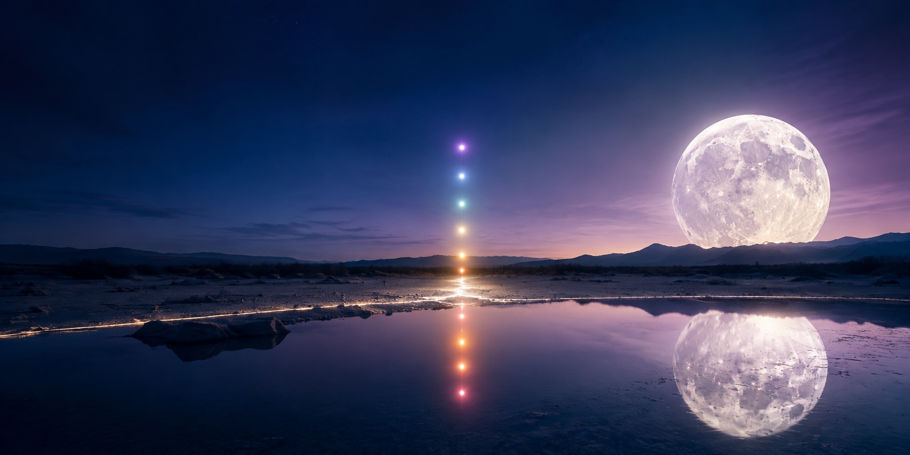 Full moon with a vertical column of rainbow chakra-colored light reflected in water