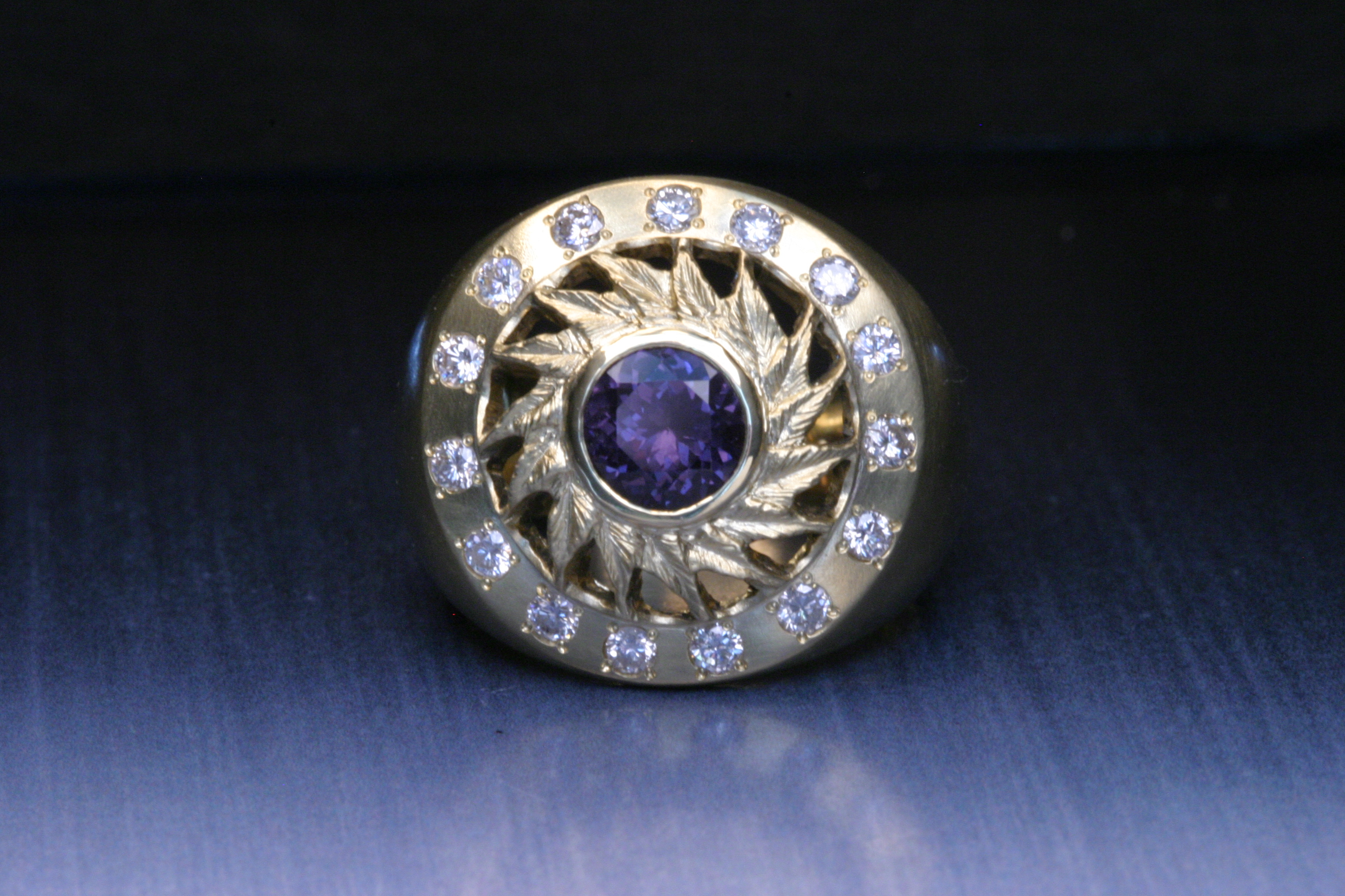 Bead set diamonds with purple sapphire ring