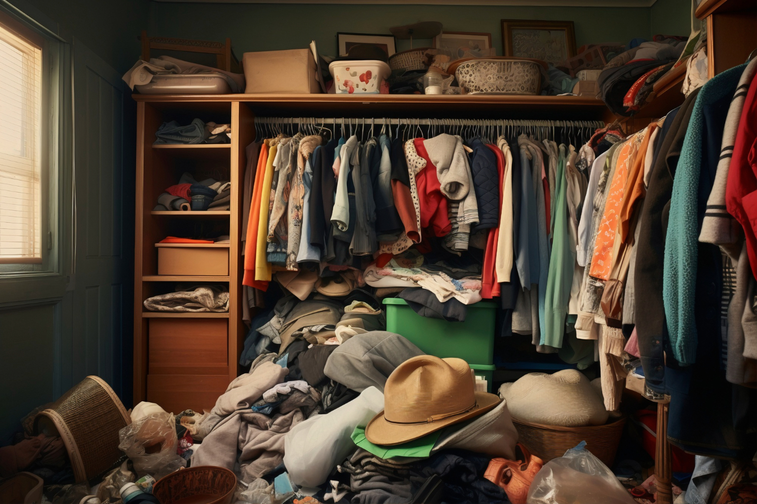 closet overflowing with clutter