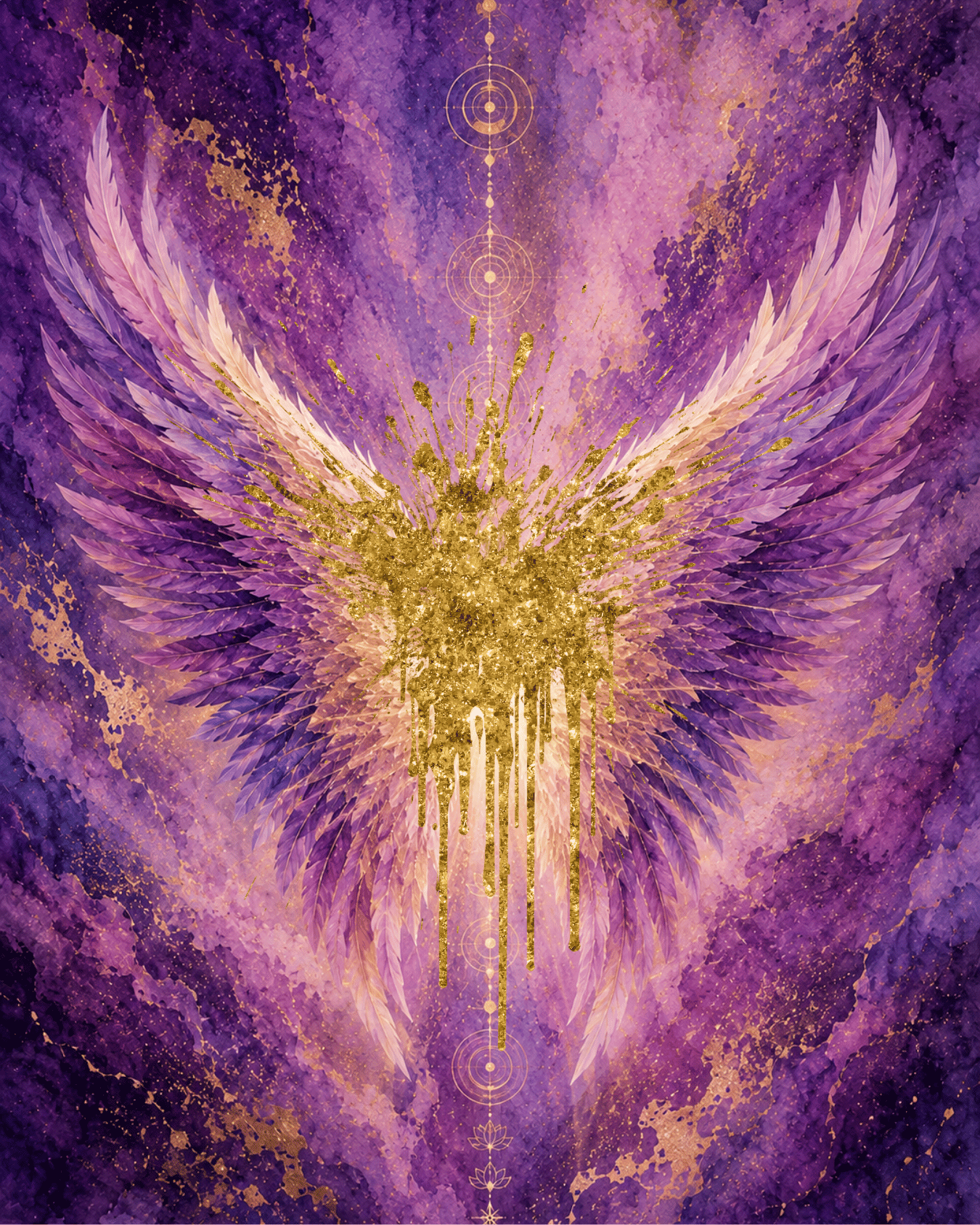 Radiant purple and gold wings surrounded by soft light, sacred geometry, and layered watercolor textures.