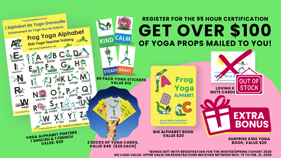 Images of the gifts included in registration. 2 Yoga Alphabet posters, yoga stickers, yoga cards, big Alphabet book, Loving Kindness notescards and a bonus kids yoga book 