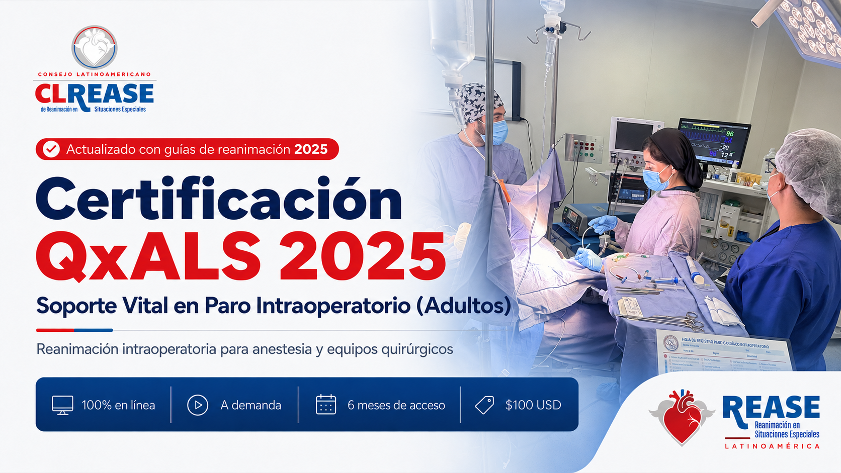 Banner del Curso QxALS 2025 sobre Paro Cardíaco Intraoperatorio. Incluye certificación universitaria, guías actualizadas AHA/ERC/ILCOR 2025 y costo de $100 USD.