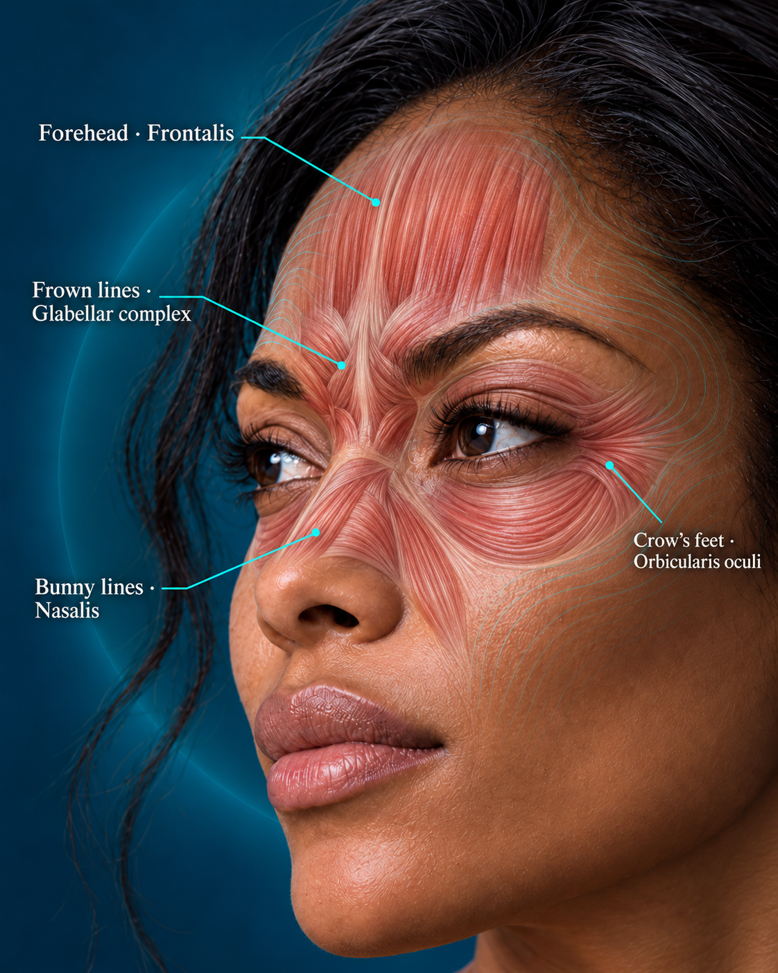 Upper-face anatomy: frontalis, glabellar complex, orbicularis oculi and nasalis