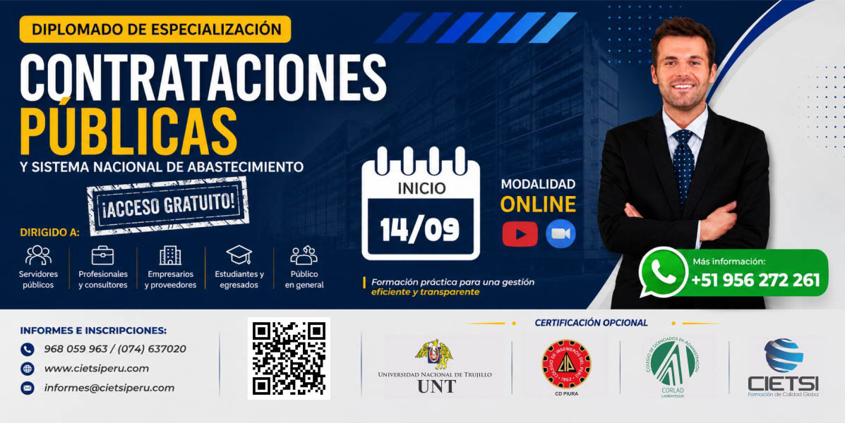 Imagen de producto para DIPLOMADO GRATUITO DE ESPECIALIZACIÓN EN CONTRATACIONES PÚBLICAS Y SISTEMA NACIONAL DE ABASTECIMIENTO 2026