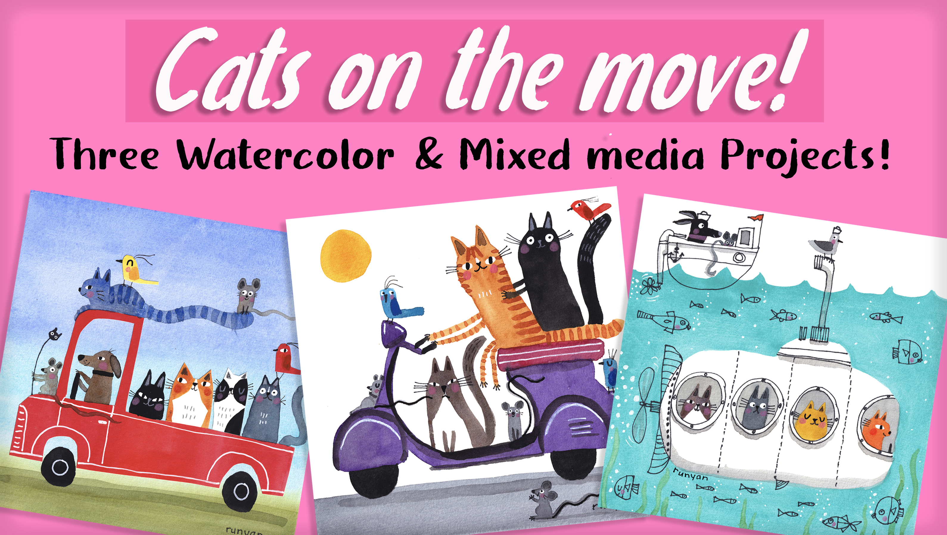 Product image for Cats On The Move! - Three Watercolor & MIxed Media Projects!