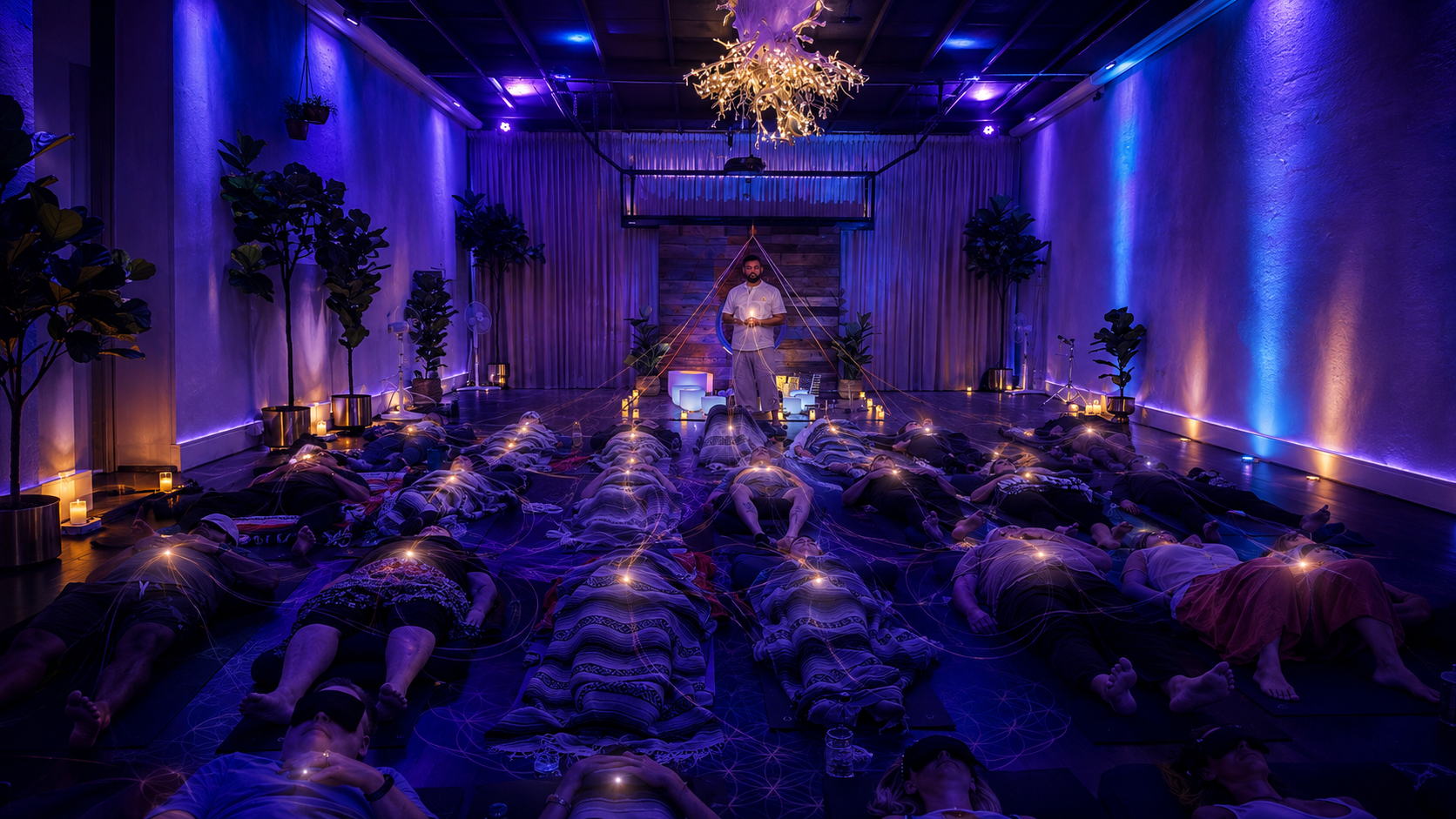 Candlelit group sound bath session, participants lying in a circle while space is held for them