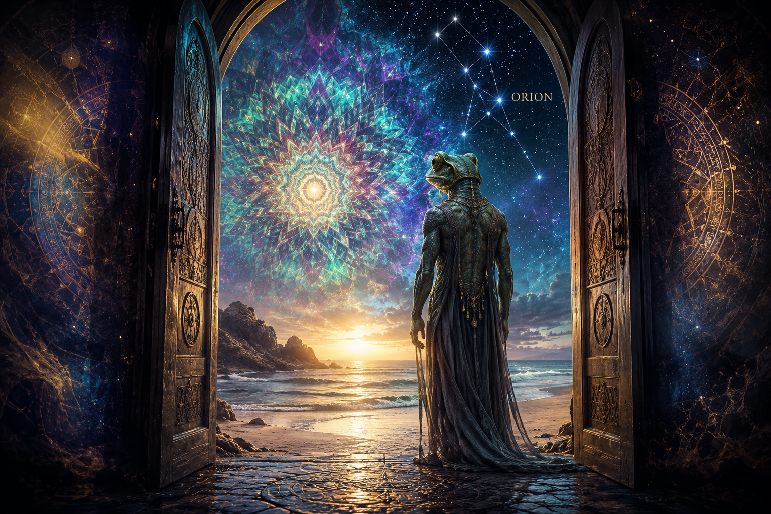 A surreal doorway opening into a kaleidoscopic inner landscape