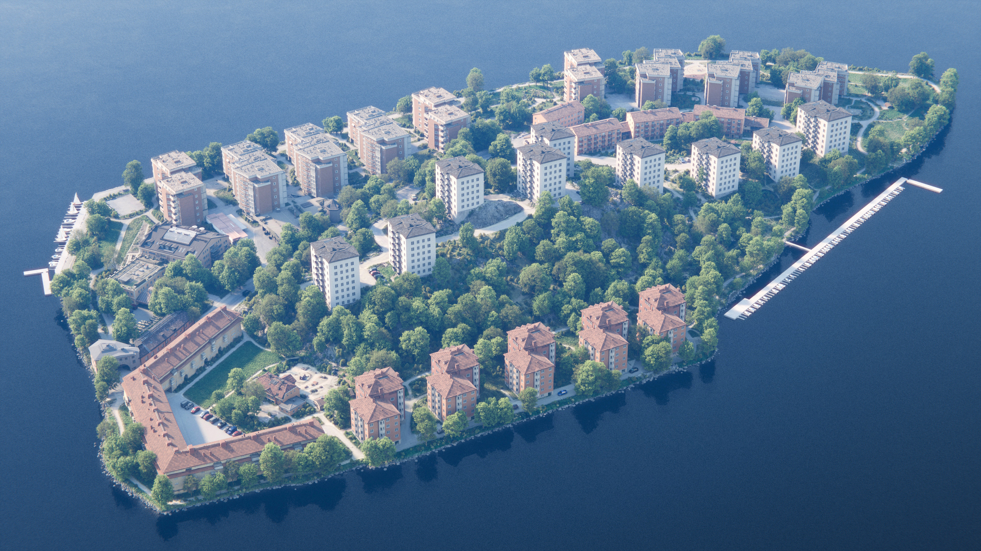Aerial visualization with AI generated 3D building models of Reimersholme island with apartment buildings, streets and a waterfront.