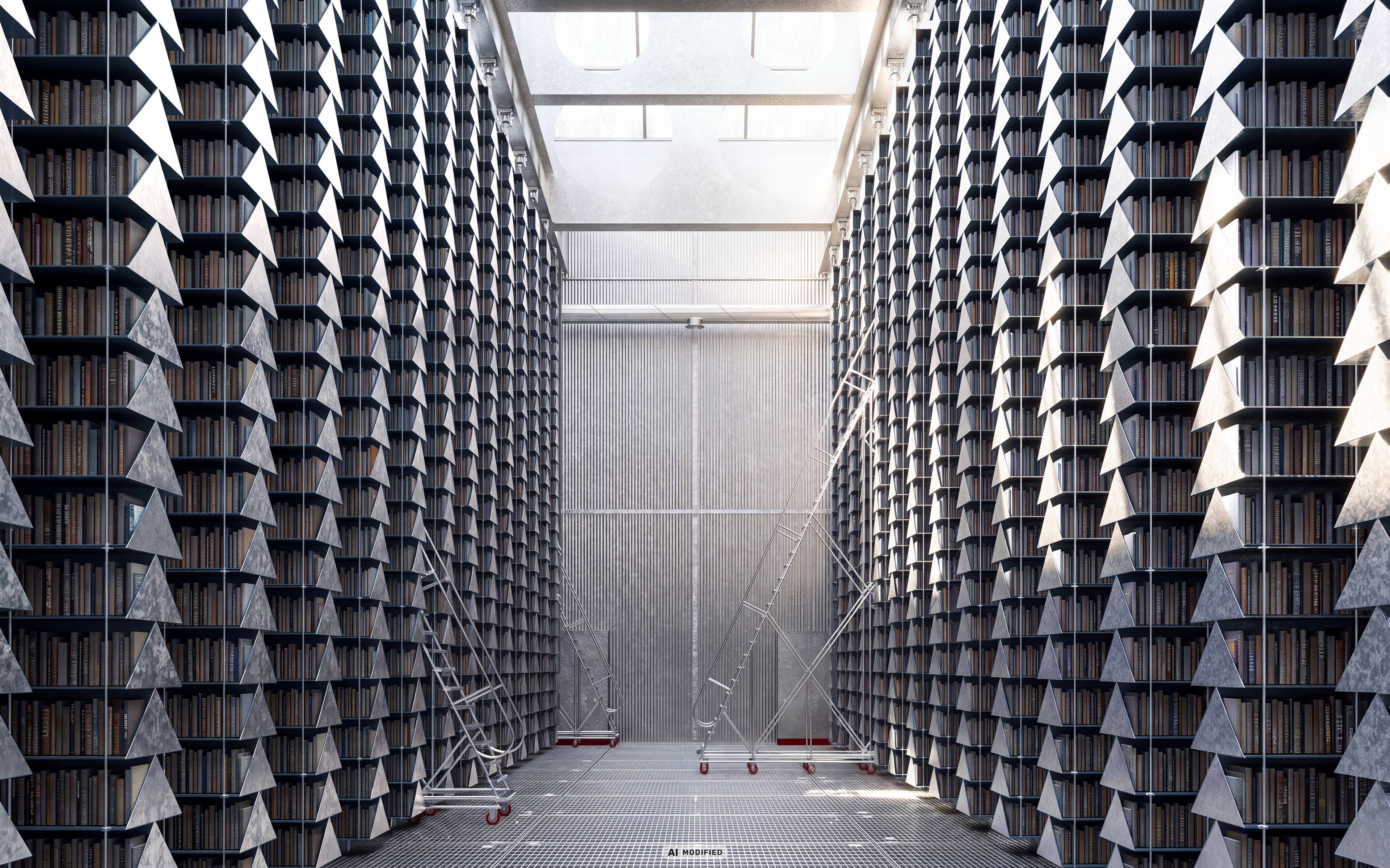 AI-refined library interior with tall geometric bookshelves, wheeled access structures and daylight from rooflights.