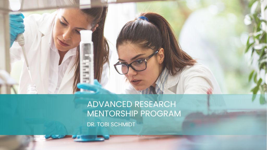 Two students working in a biology laboratory with the text ‘Advanced Research Mentorship Program’ displayed across the image