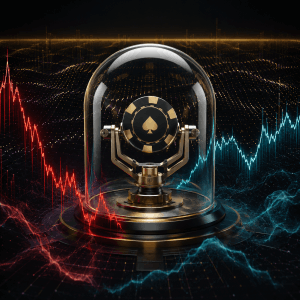 Calm poker player surrounded by market volatility, representing the speculator mindset against tilt